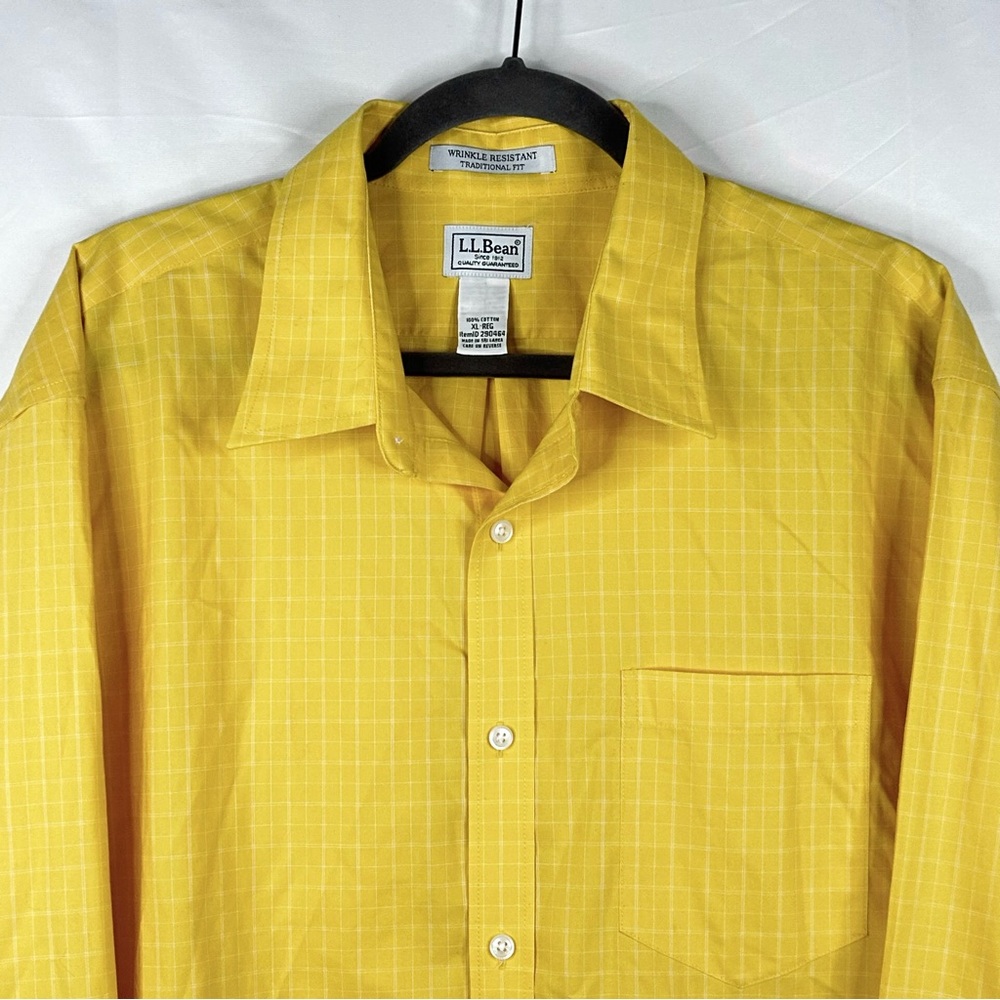 LL Bean Button Up Shirt Mens XL Yellow Windowpane Check Long Sleeve Traditional